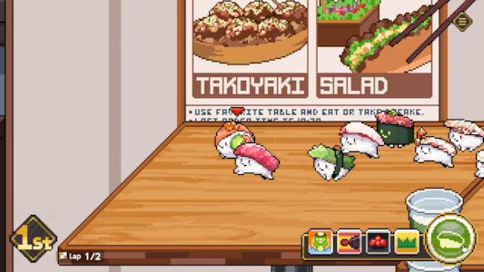 Wabi-Sabi Sushi Derby - Tampilan Gameplay dengan Karakter Sushi